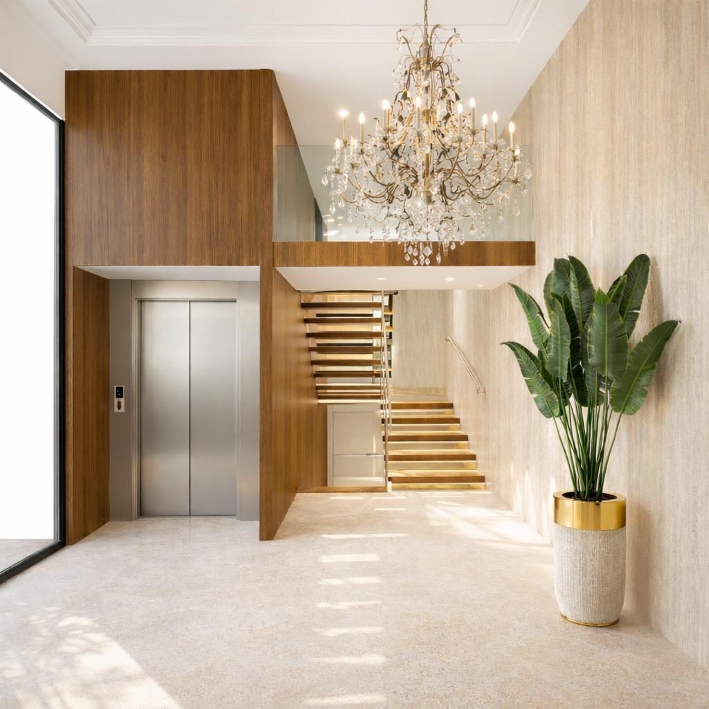 Double-height entrance hall with a crystal chandelier, timber stair and lift