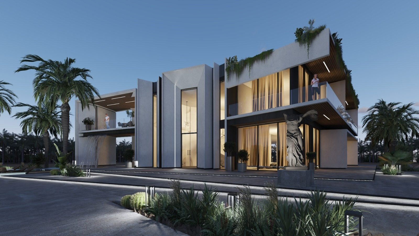 Villa lit at dusk with warm interiors behind full-height glazing