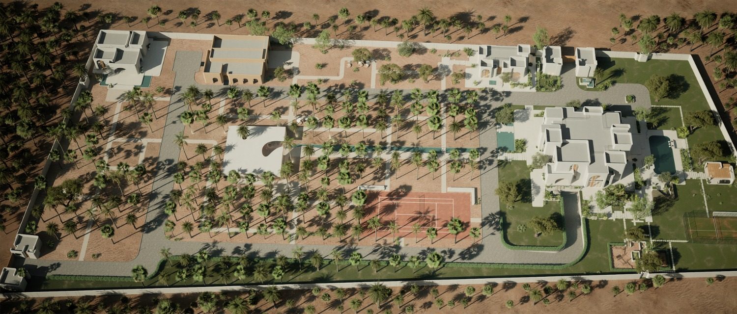 Aerial view of the full estate with pavilions, palm groves and sports court