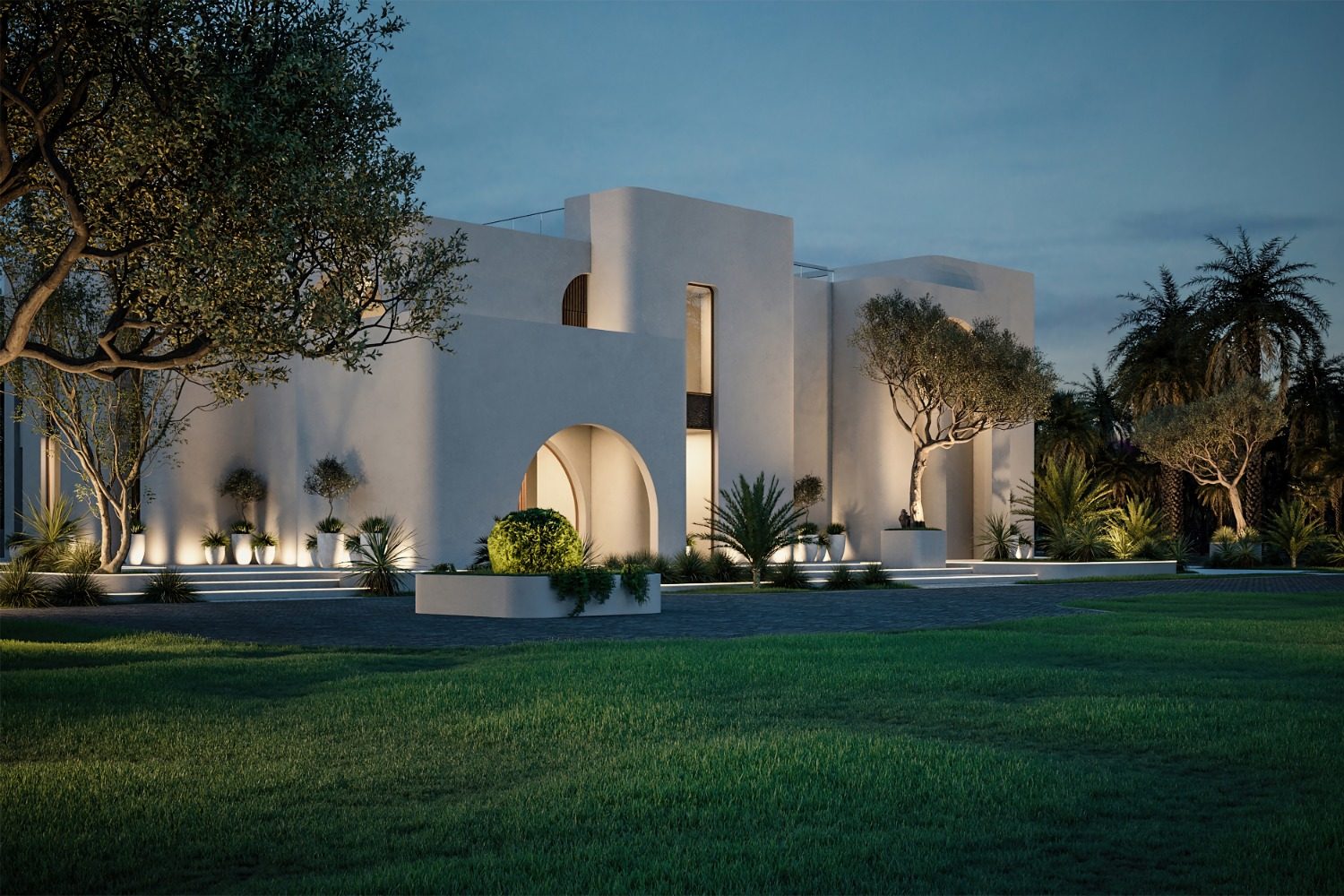 Arched garden wing lit at dusk across the lawn