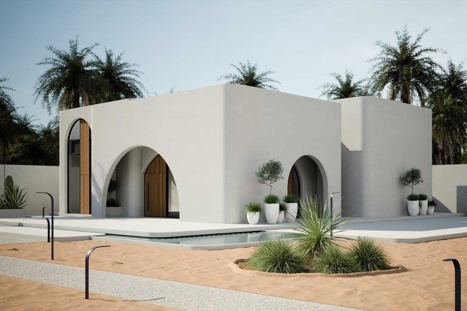 Guest pavilion with a plunge pool and arched timber doors