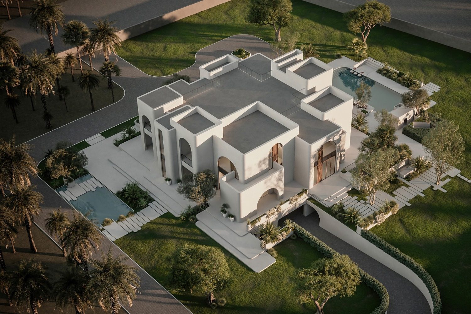 Aerial view of the main villa, pools and terraces