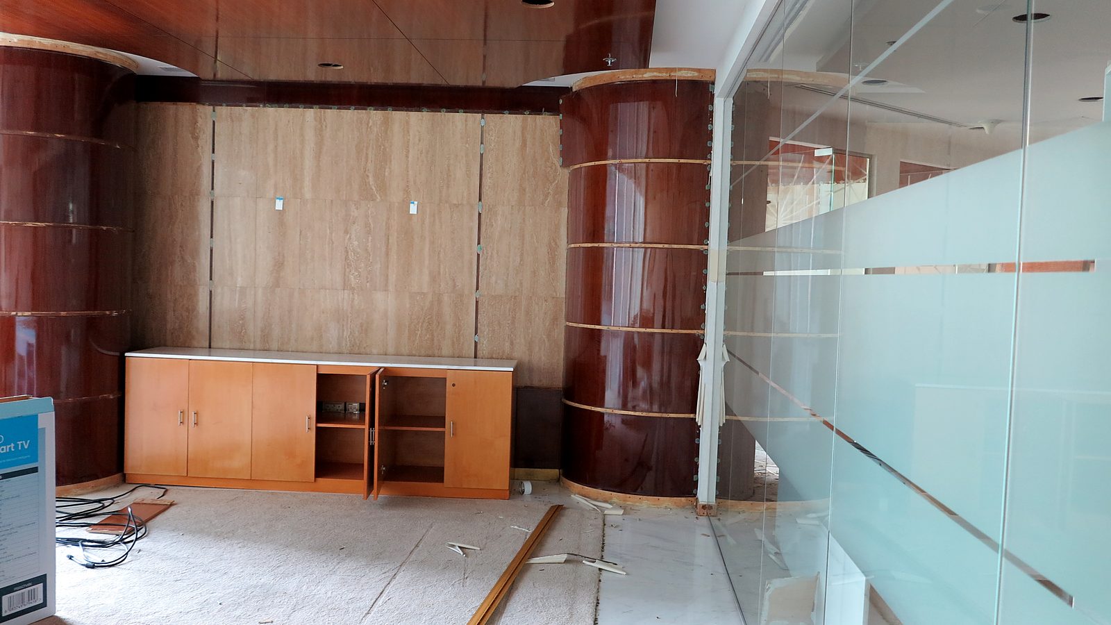 Old timber-clad reception wall and joinery