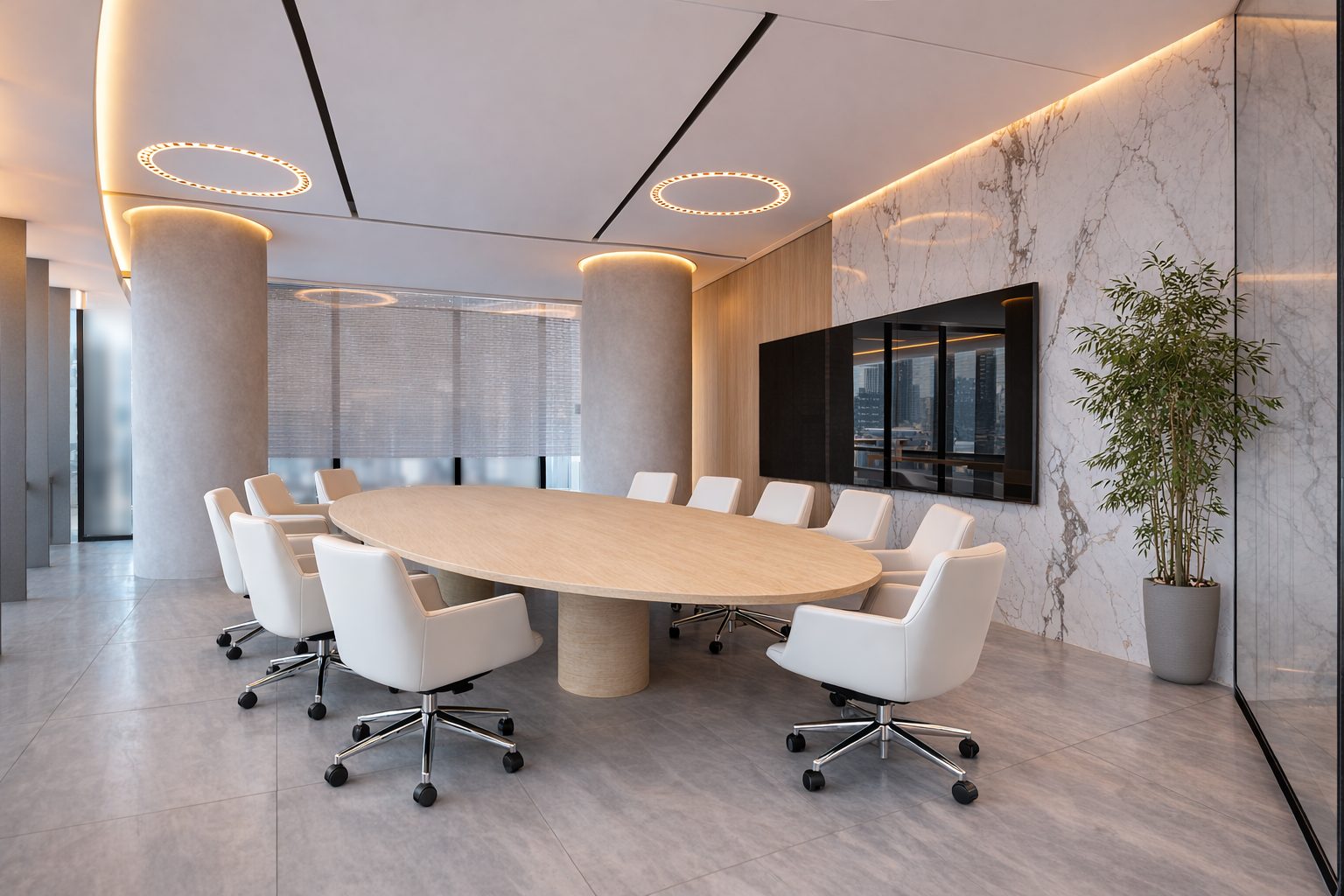 Boardroom with an oval timber table, marble feature wall and media screens
