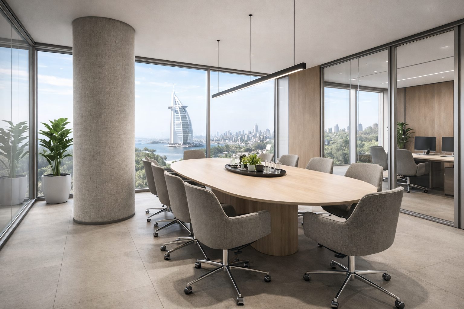 Glass-walled boardroom with an oval timber table and coastal views