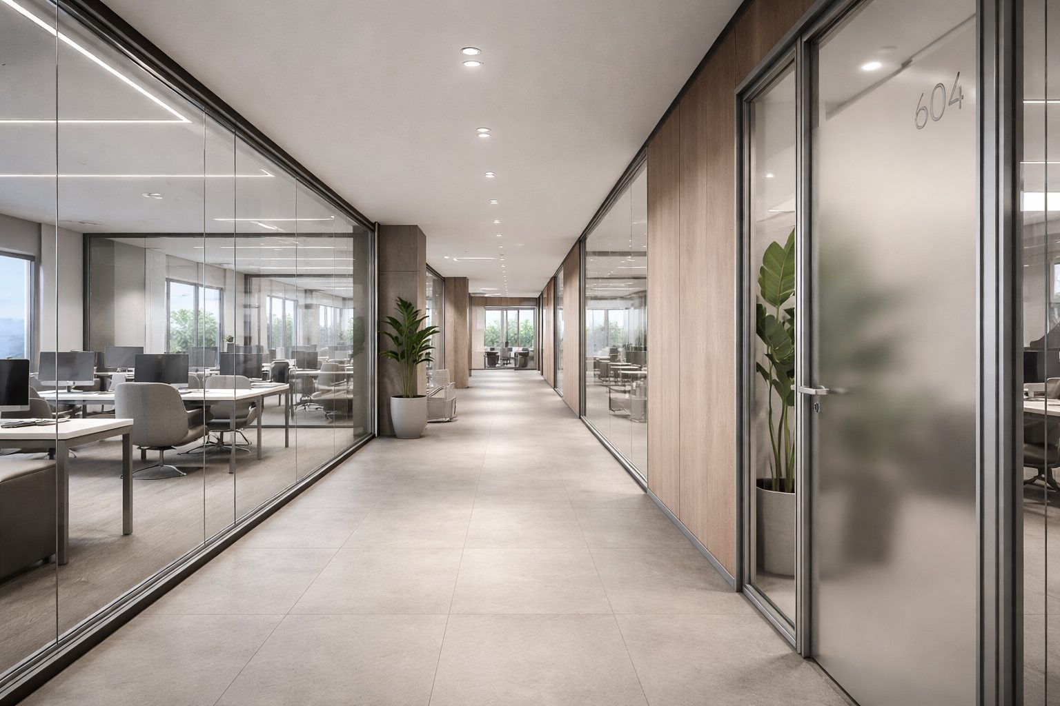 Glass-partitioned corridor between office suites