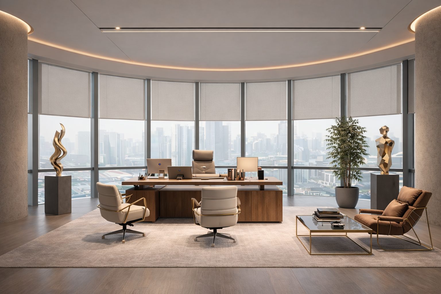 Executive office with a walnut desk, sculptures and a panoramic window wall