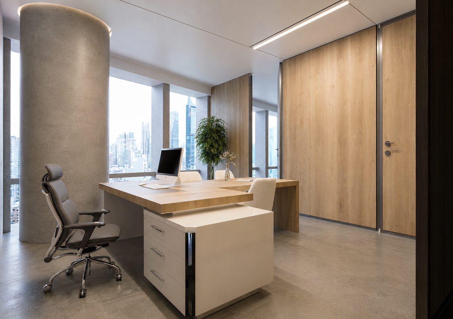 Manager's office with a timber-and-white desk and city views
