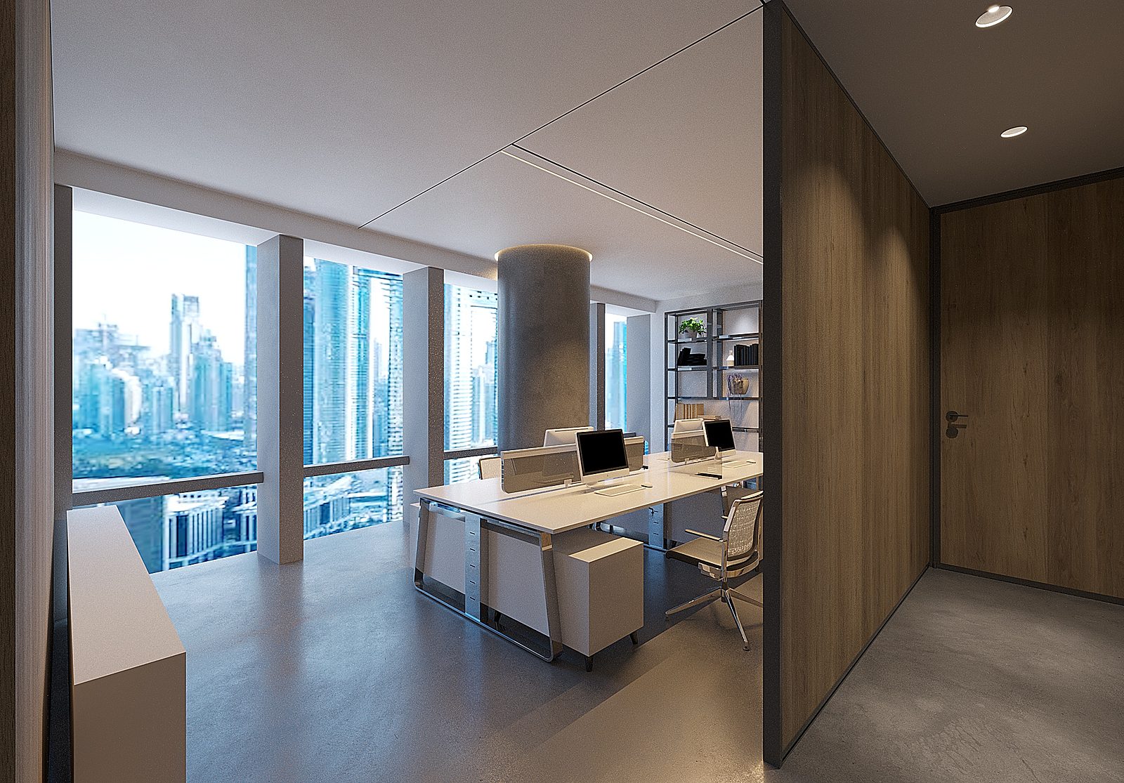 Open-plan office with timber-clad partitions and tower views