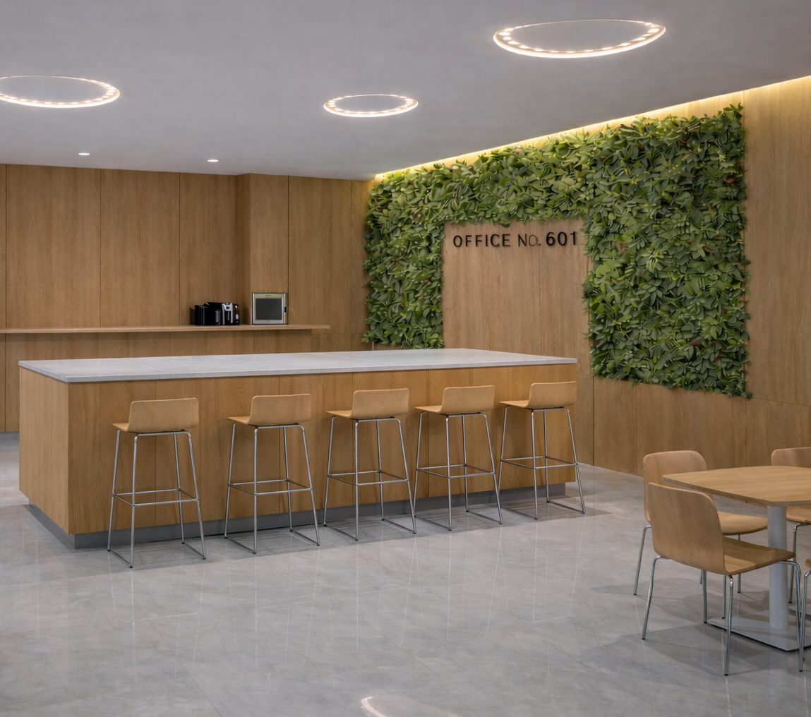 Pantry with a timber breakfast bar and a living green wall