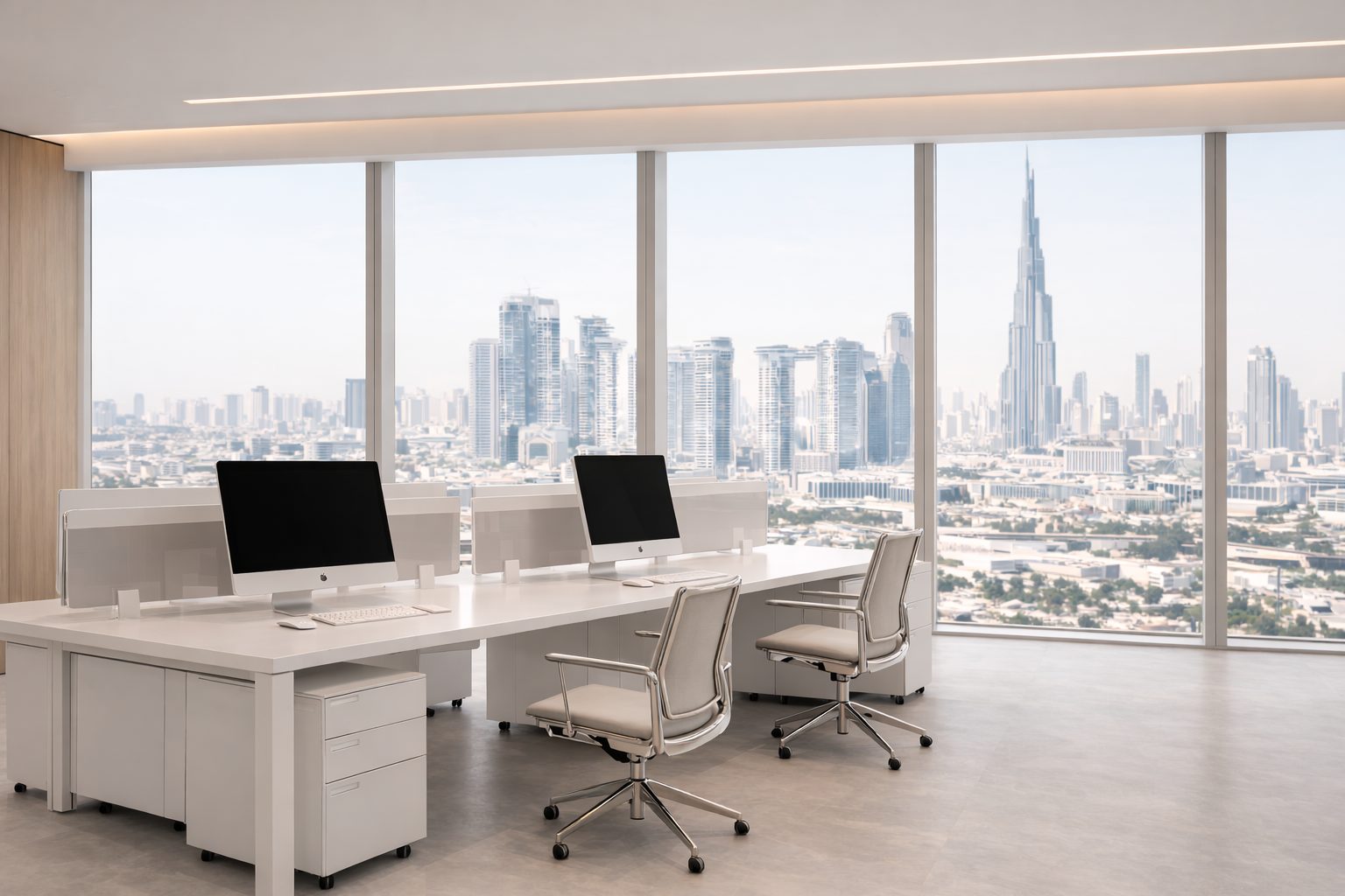 Bench workstations facing a window wall towards Burj Khalifa