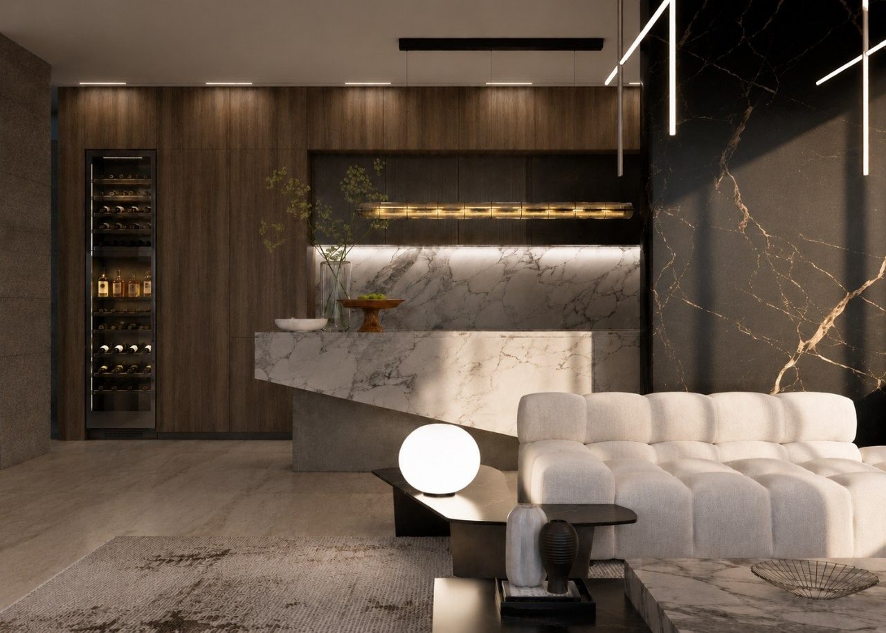 Lounge with a marble bar, timber panelling and wine storage
