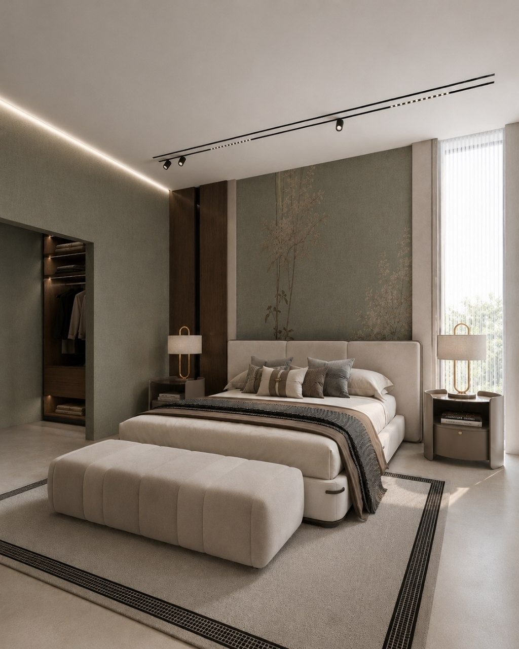 Bedroom with an upholstered bed and linear track lighting