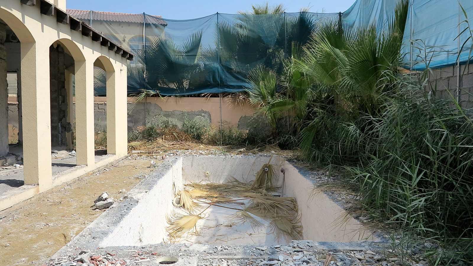 The empty, overgrown pool before works