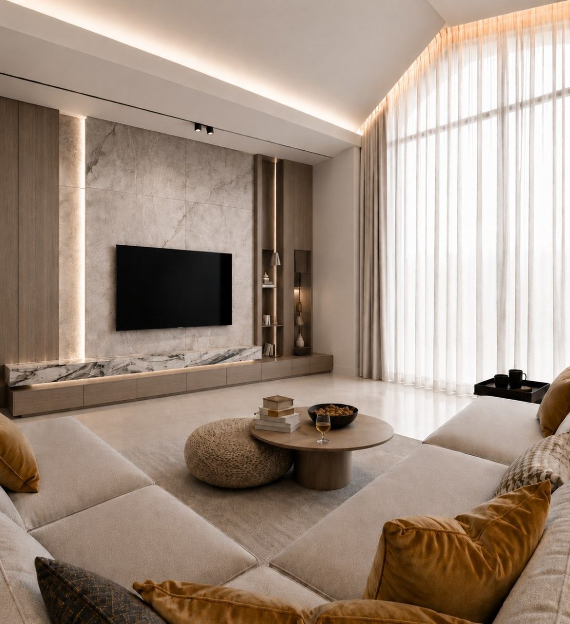 Family room with a marble media wall and sheer curtains