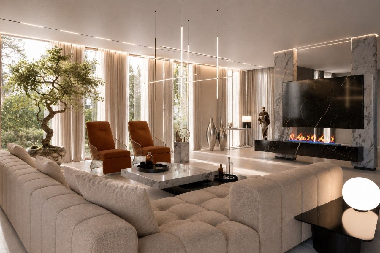 Living room with a modular sofa, fireplace wall and floor-to-ceiling windows