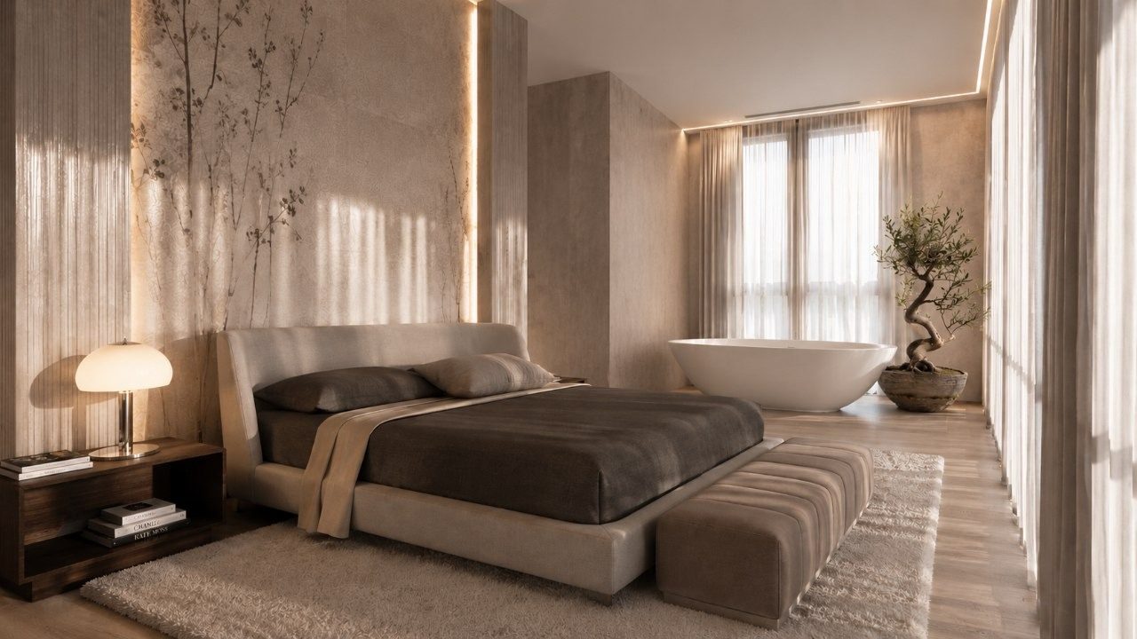 Master bedroom with a freestanding bath and painted mural wall