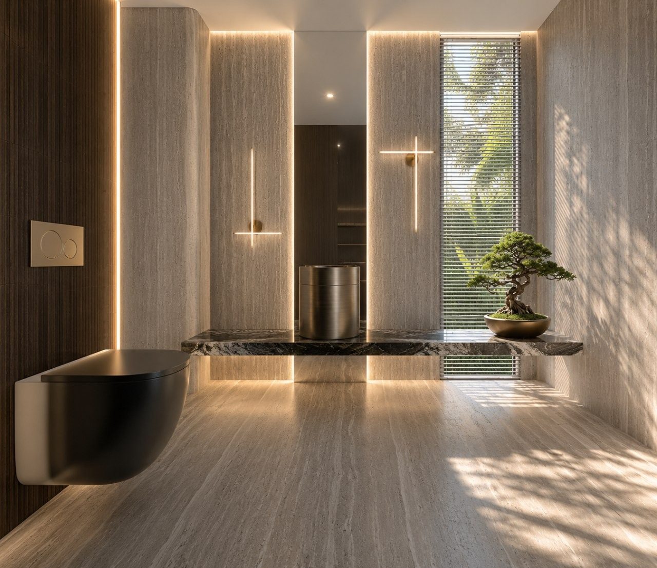 Powder room with a stone vanity and backlit travertine