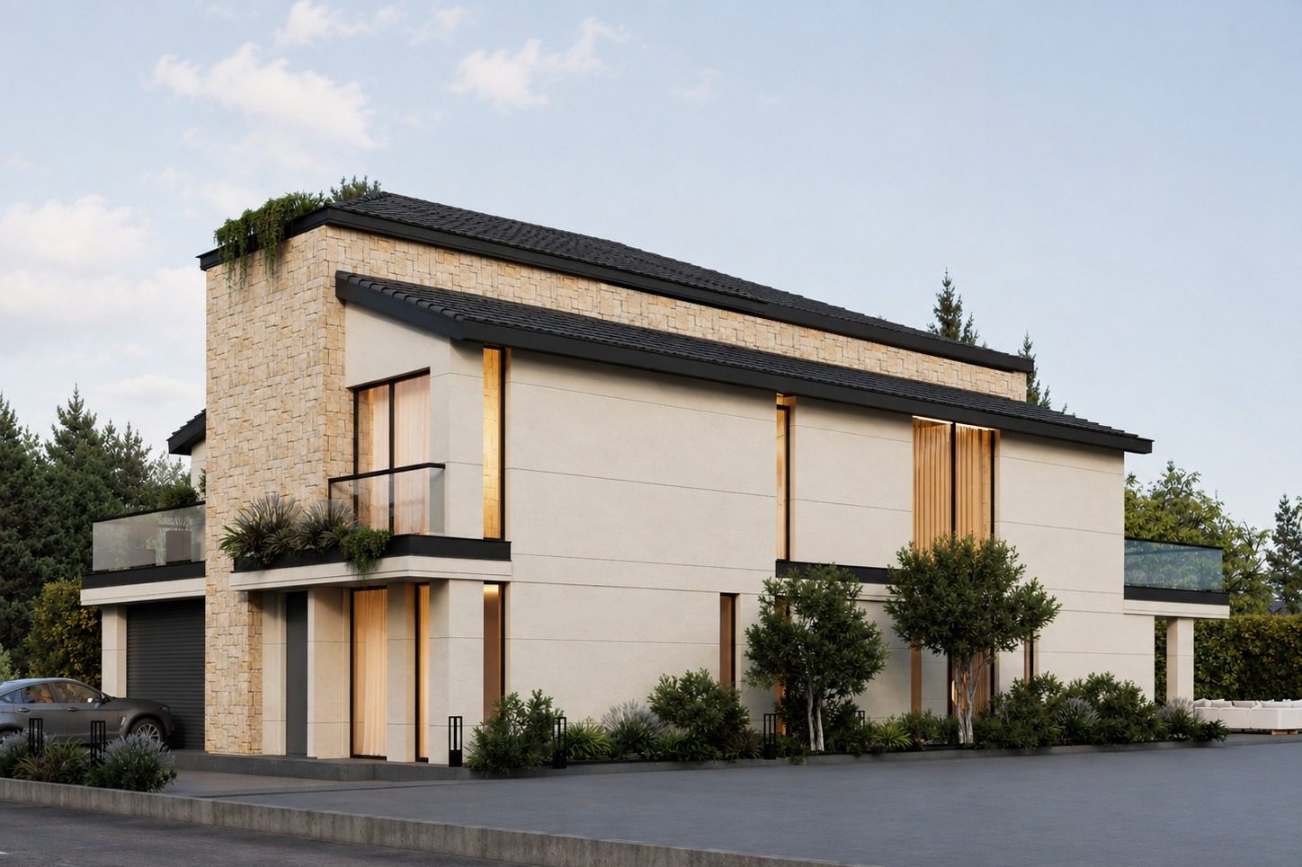 Side elevation in pale render and stone with timber-lined windows